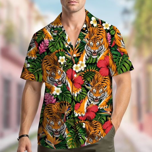 Matching family hawaiian shirts with tiger and tropical print on dark background, main view
