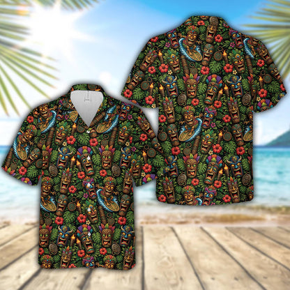 Multicolor tiki hawaiian shirt featuring detailed colorful masks and tropical leaves, main view