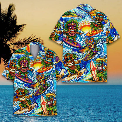 Additional front view showing the detailed tiki surfing design on the hawaiian shirt