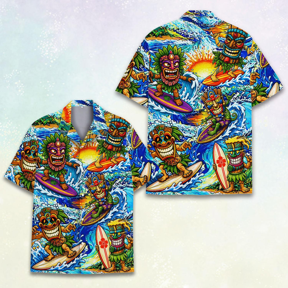 Close up front view of the tiki masks and sunset pattern on the matching family shirt