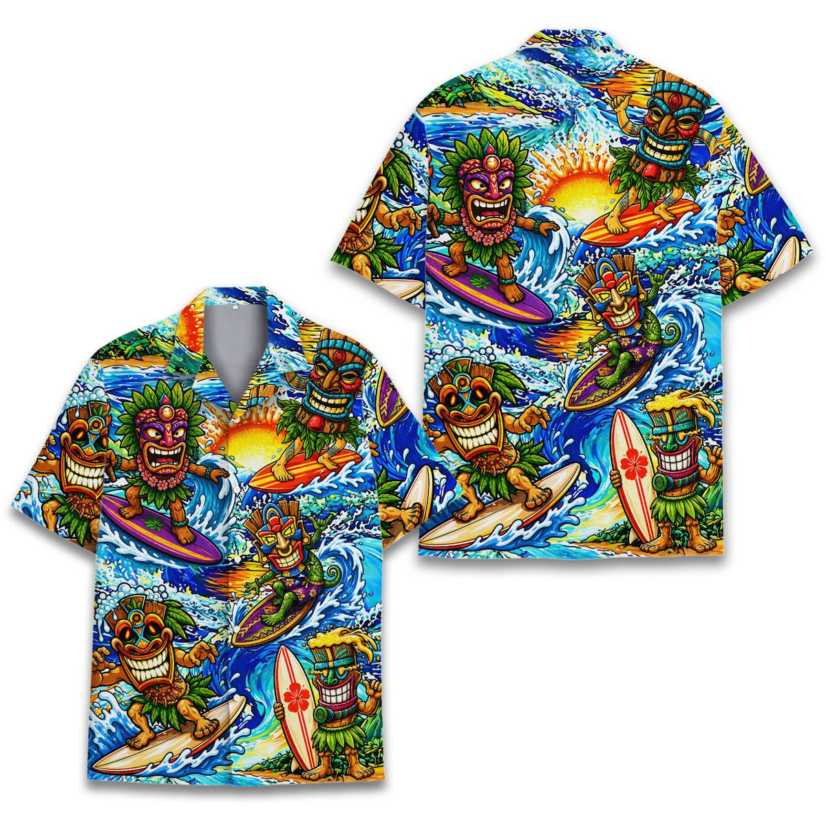 Front view of the tiki surfing hawaiian shirt in bright blue, yellow, and green colors
