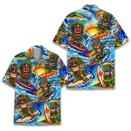 Main view of the tiki surfing hawaiian shirt featuring colorful masks and ocean waves