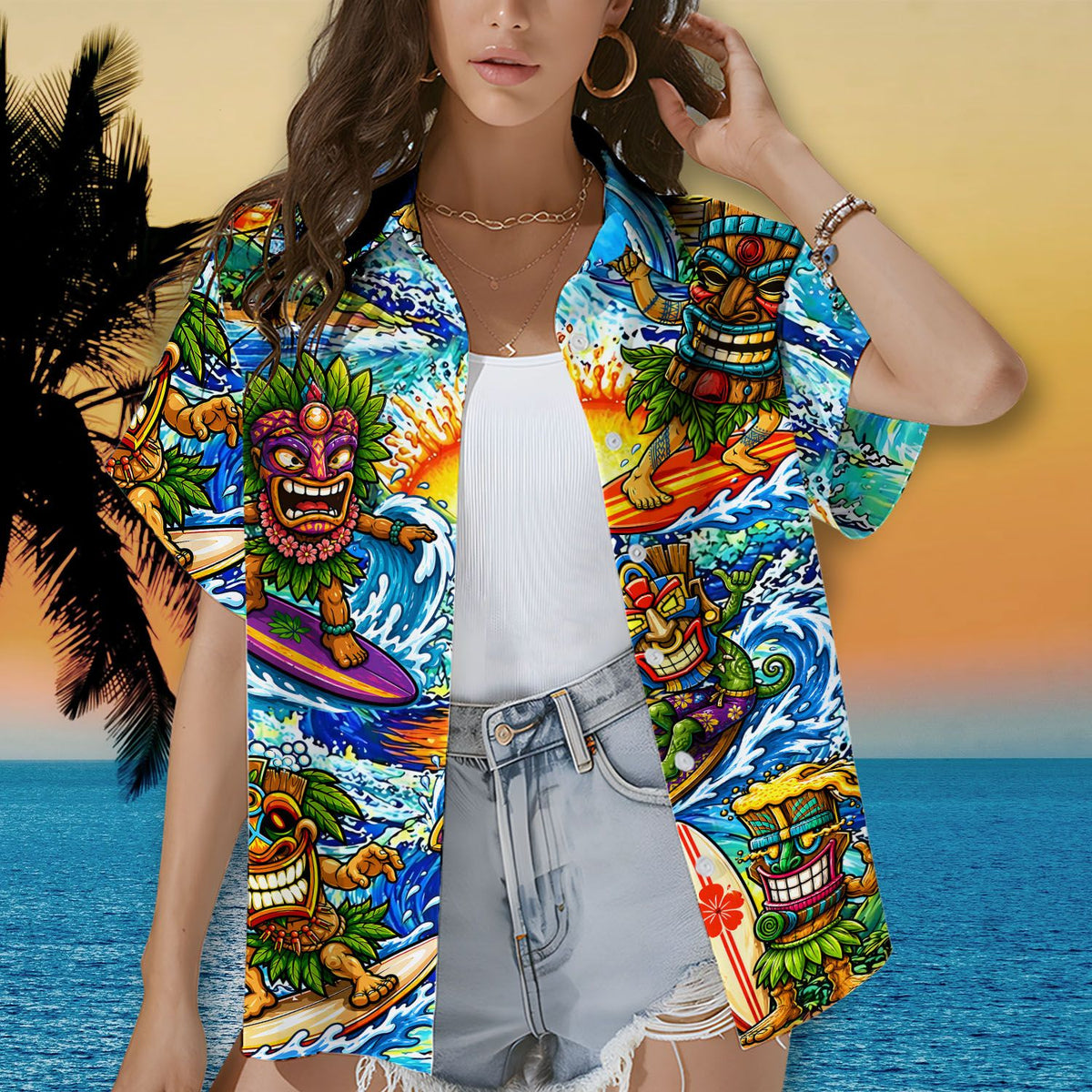 Lifestyle view of individuals enjoying summer in their matching family hawaiian shirts