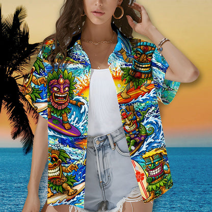 Lifestyle view of individuals enjoying summer in their matching family hawaiian shirts