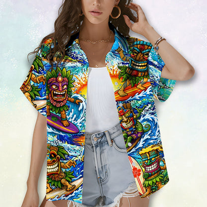 Lifestyle shot displaying the vibrant blue tiki hawaiian shirt pattern outdoors