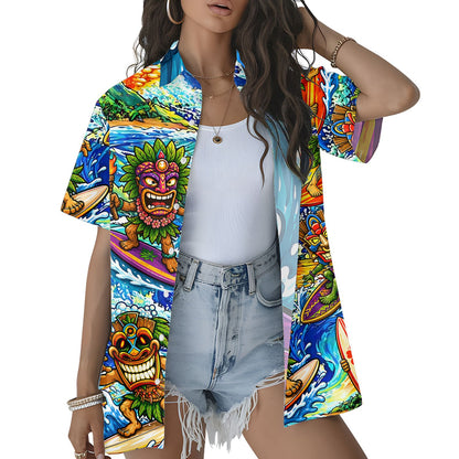 Lifestyle view showing the relaxed fit of the tiki surfing hawaiian shirt
