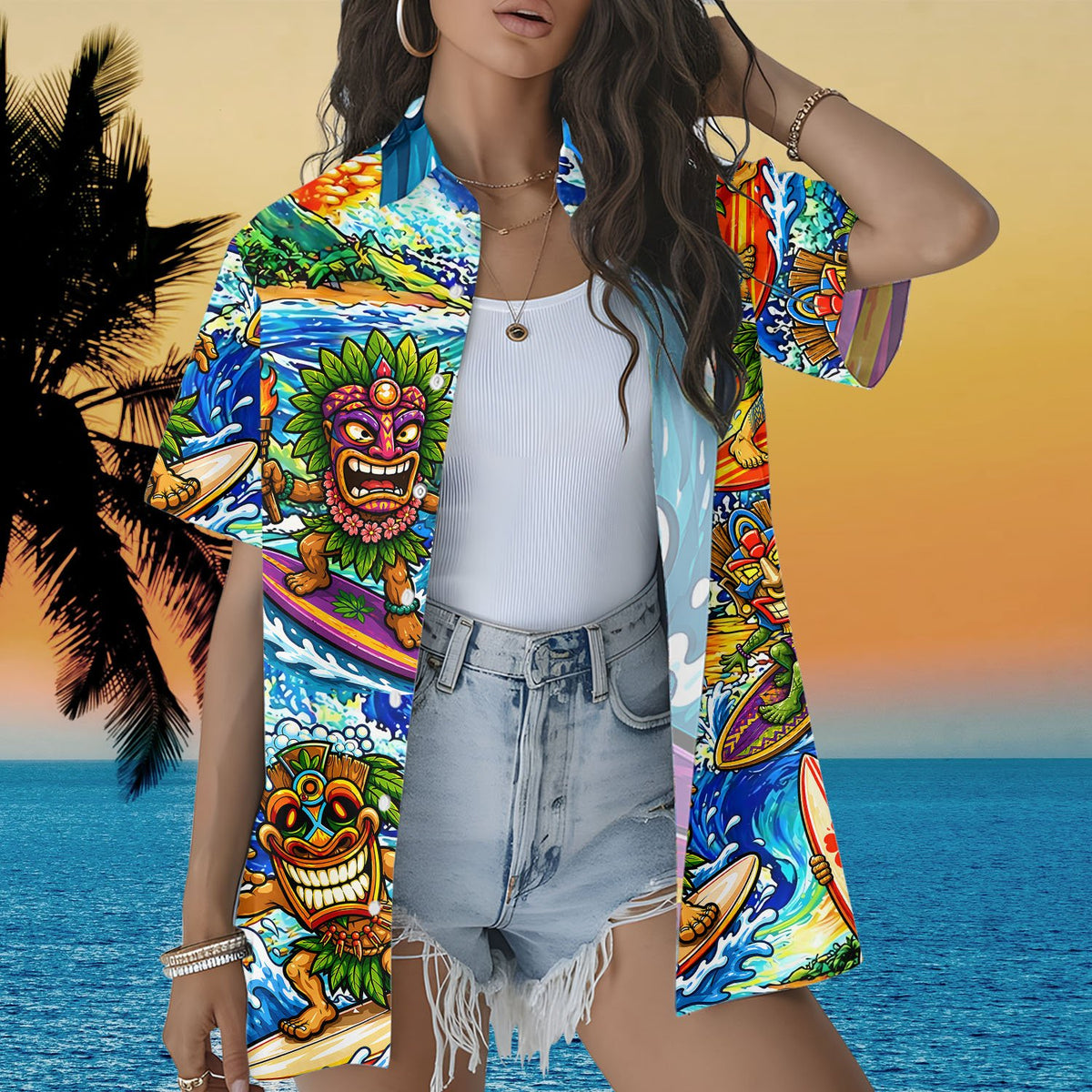 Lifestyle image highlighting the tropical theme of the matching family hawaiian shirts