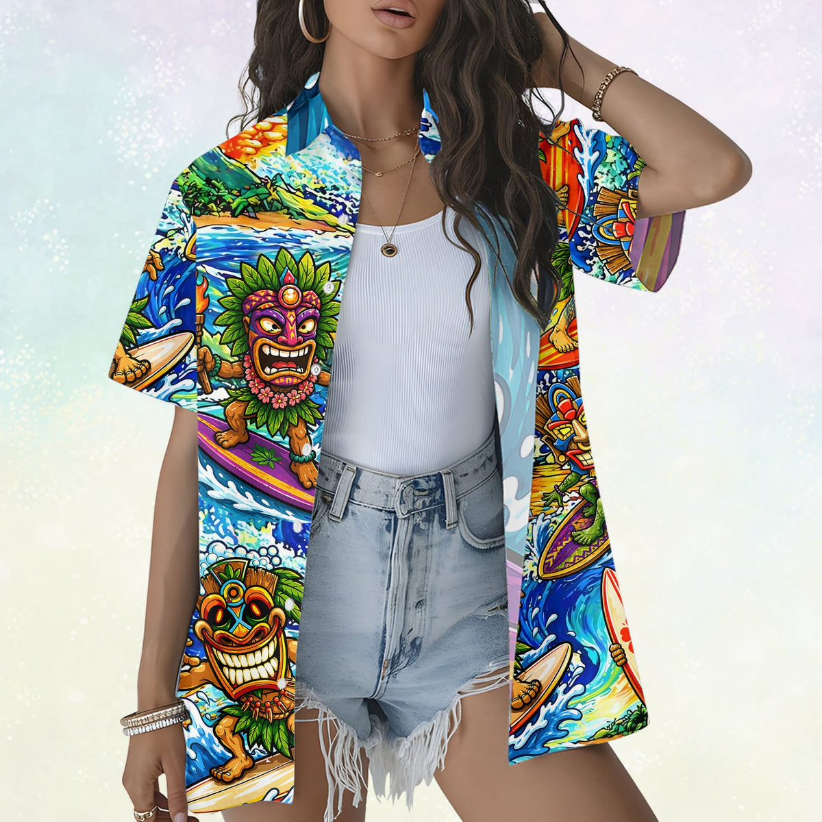 Lifestyle image of the tiki surfing hawaiian shirt worn during a summer outing