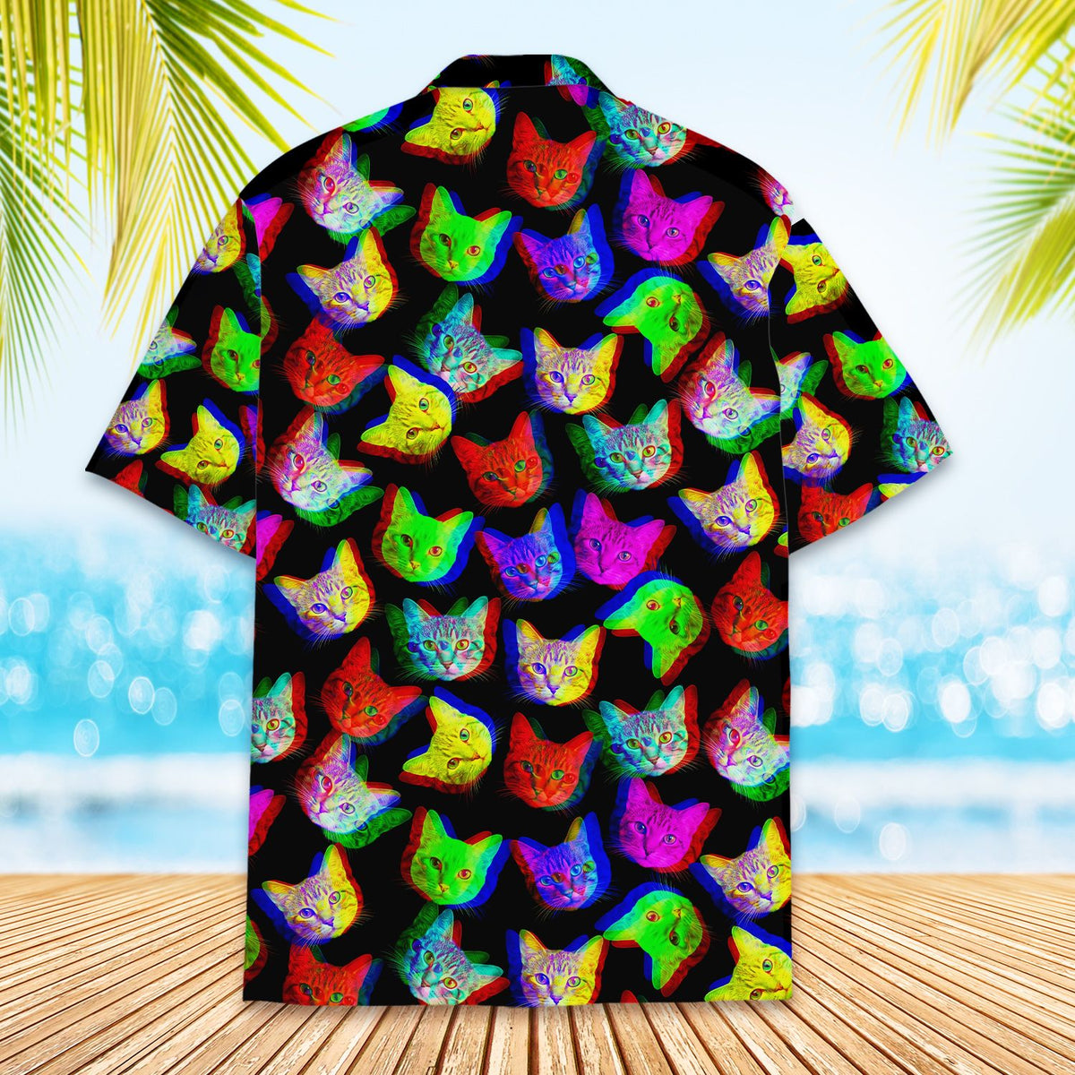 Matching family hawaiian shirts featuring trippy cats, back view 2