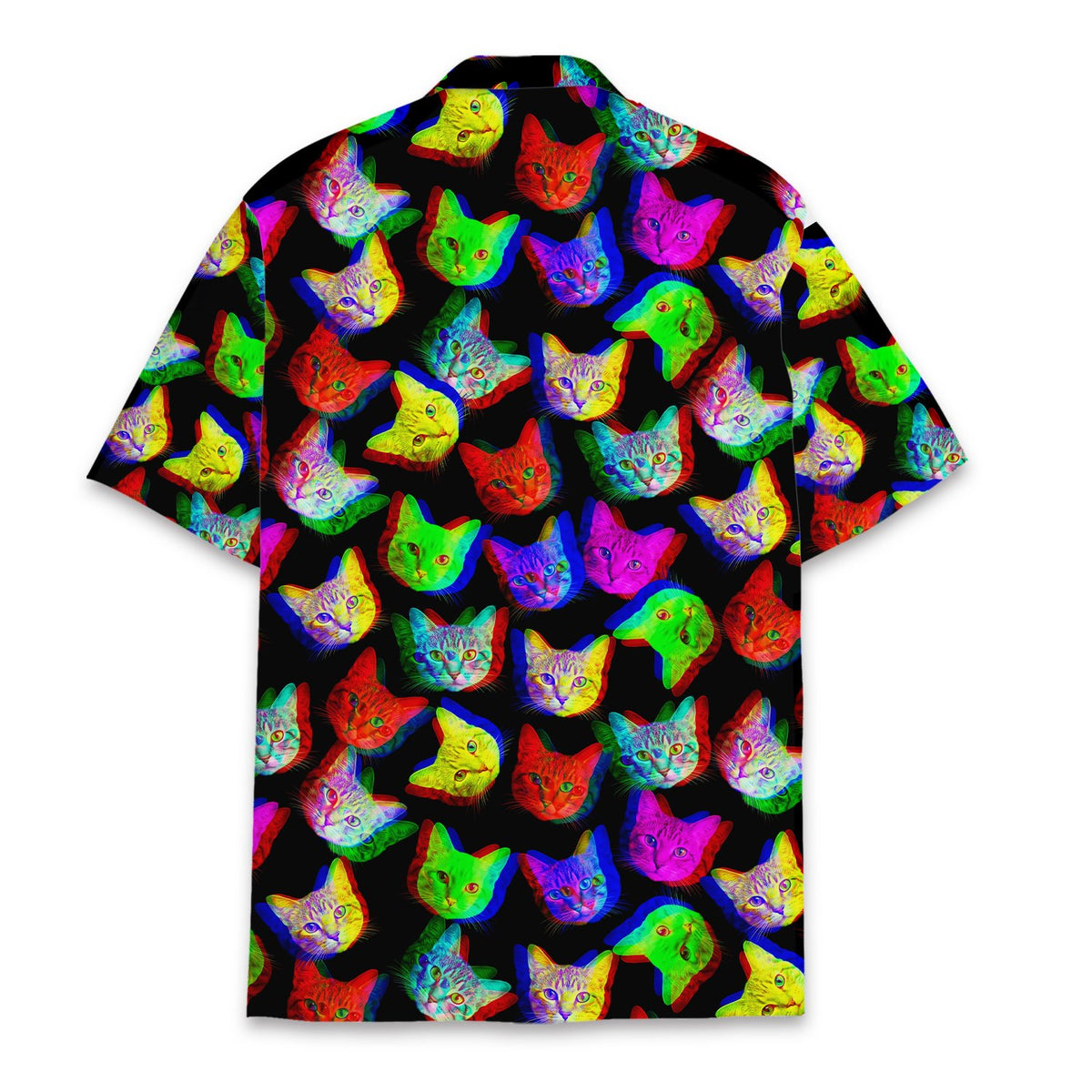 Black trippy hawaiian shirt with neon cat faces, back view