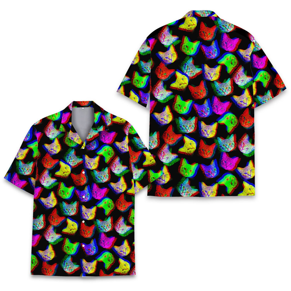 Matching family hawaiian shirts featuring trippy cats, front view 2