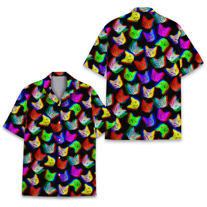 Matching family hawaiian shirts featuring trippy cats, front view 2