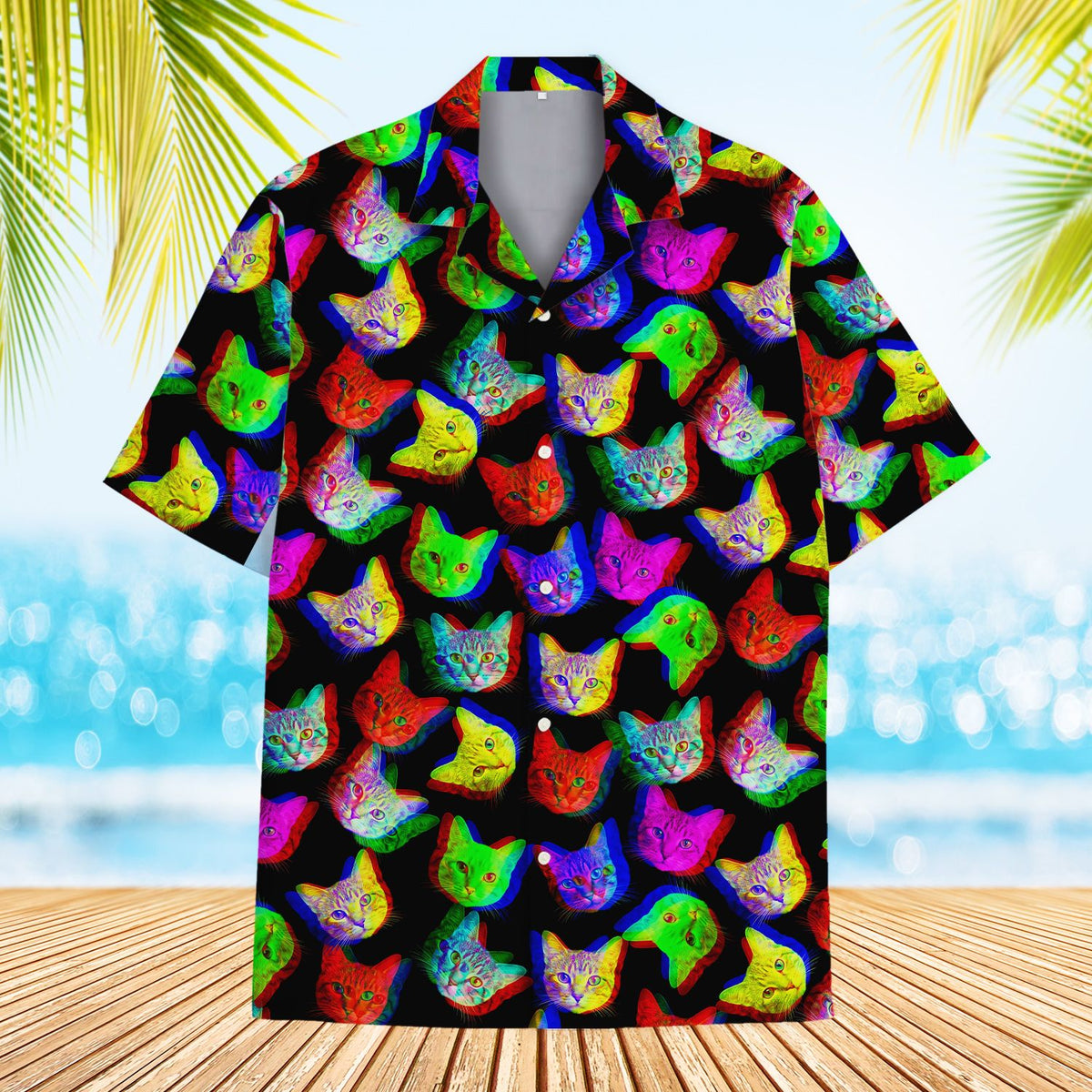 Black trippy hawaiian shirt with neon cat faces, main view