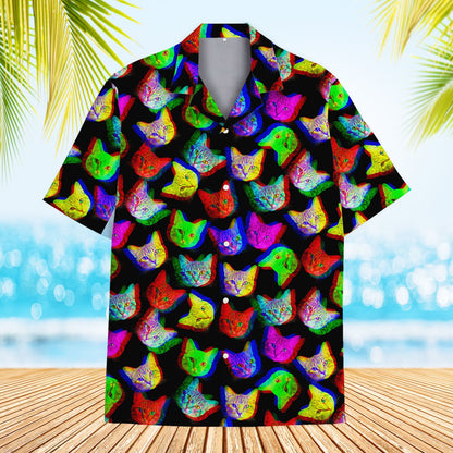 Black trippy hawaiian shirt with neon cat faces, front view