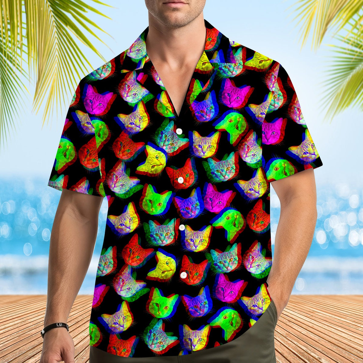 Lifestyle image 2 of black trippy hawaiian shirt with neon cats