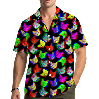Lifestyle image of black trippy hawaiian shirt with neon cats