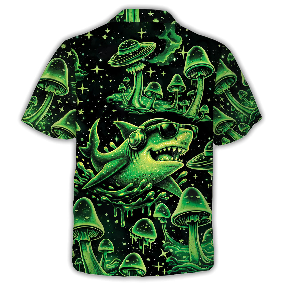 Back view of the matching family hawaiian shirt with psychedelic shark and mushroom design