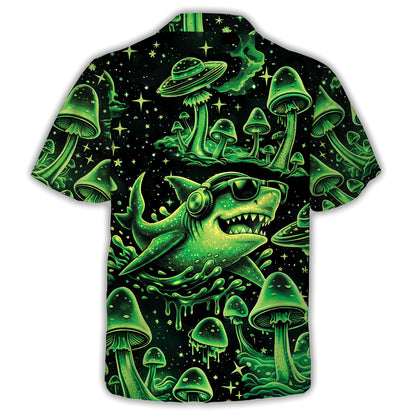 Back view of the matching family hawaiian shirt with psychedelic shark and mushroom design
