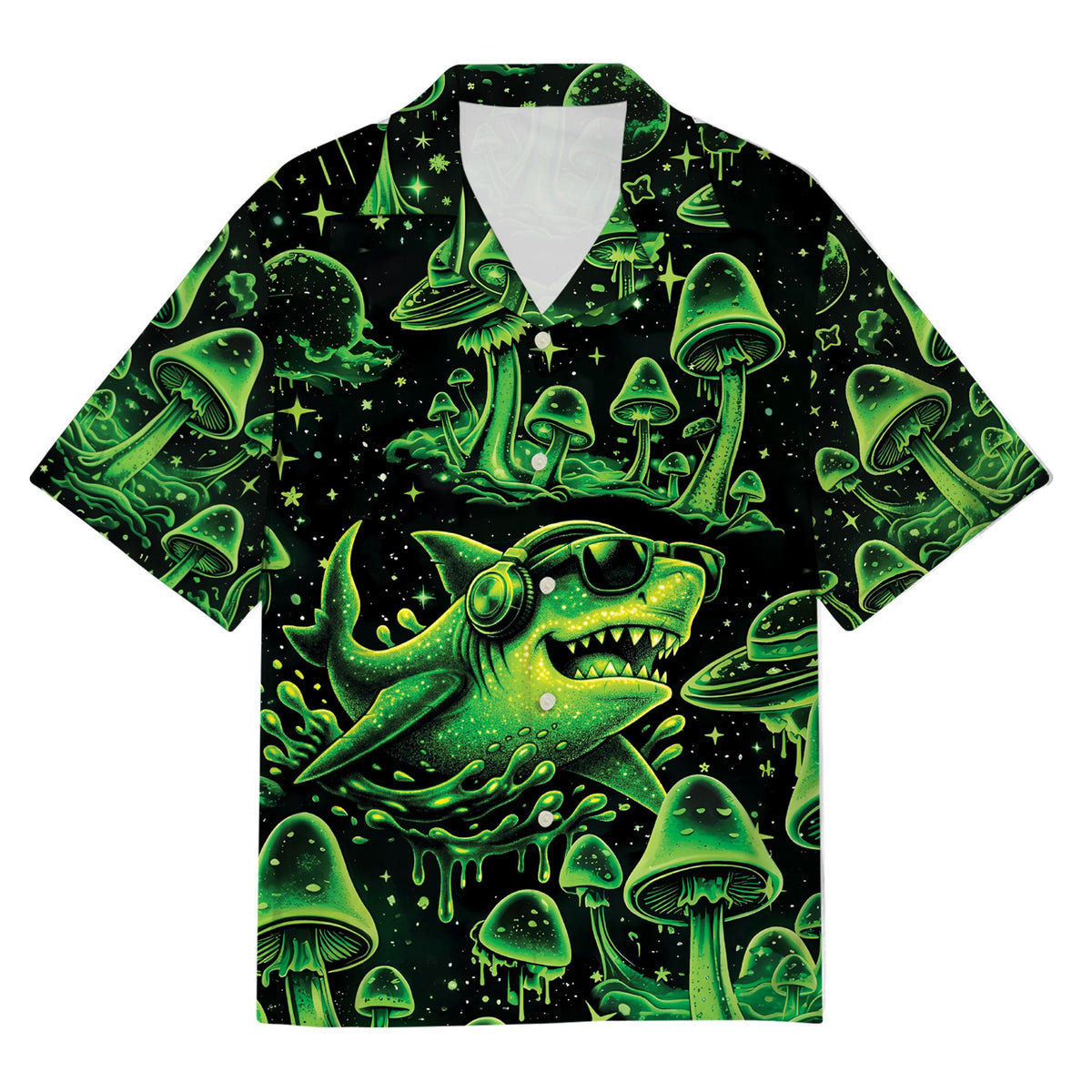 Front view of the trippy, mushroom, shark hawaiian shirt with neon green and cosmic space details