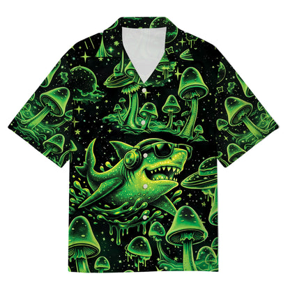 Front view of the trippy, mushroom, shark hawaiian shirt with neon green and cosmic space details