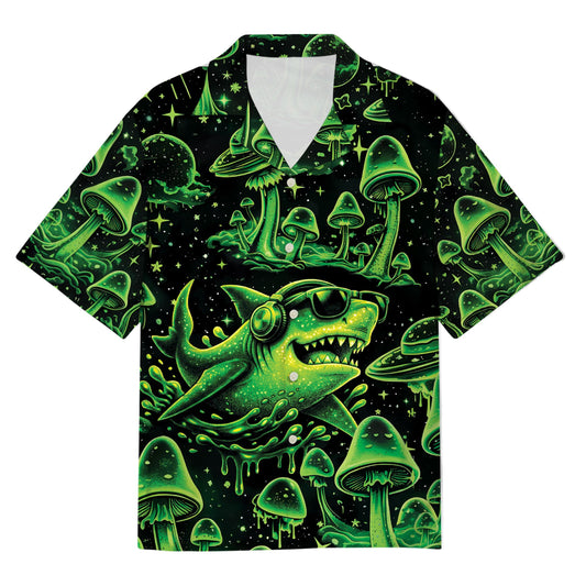 Front view of the trippy, mushroom, shark hawaiian shirt with neon green and cosmic space details