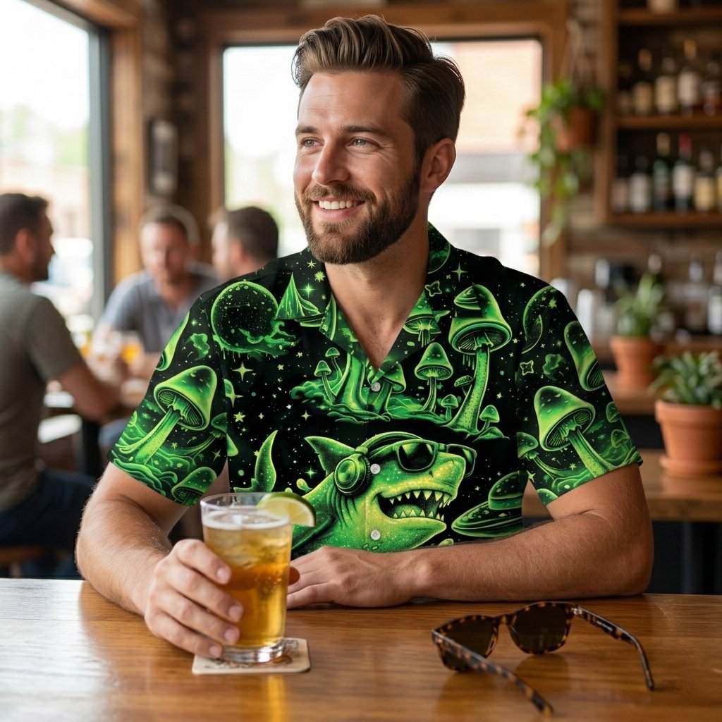 Another lifestyle shot of the family matching hawaiian shirt with abstract space pattern