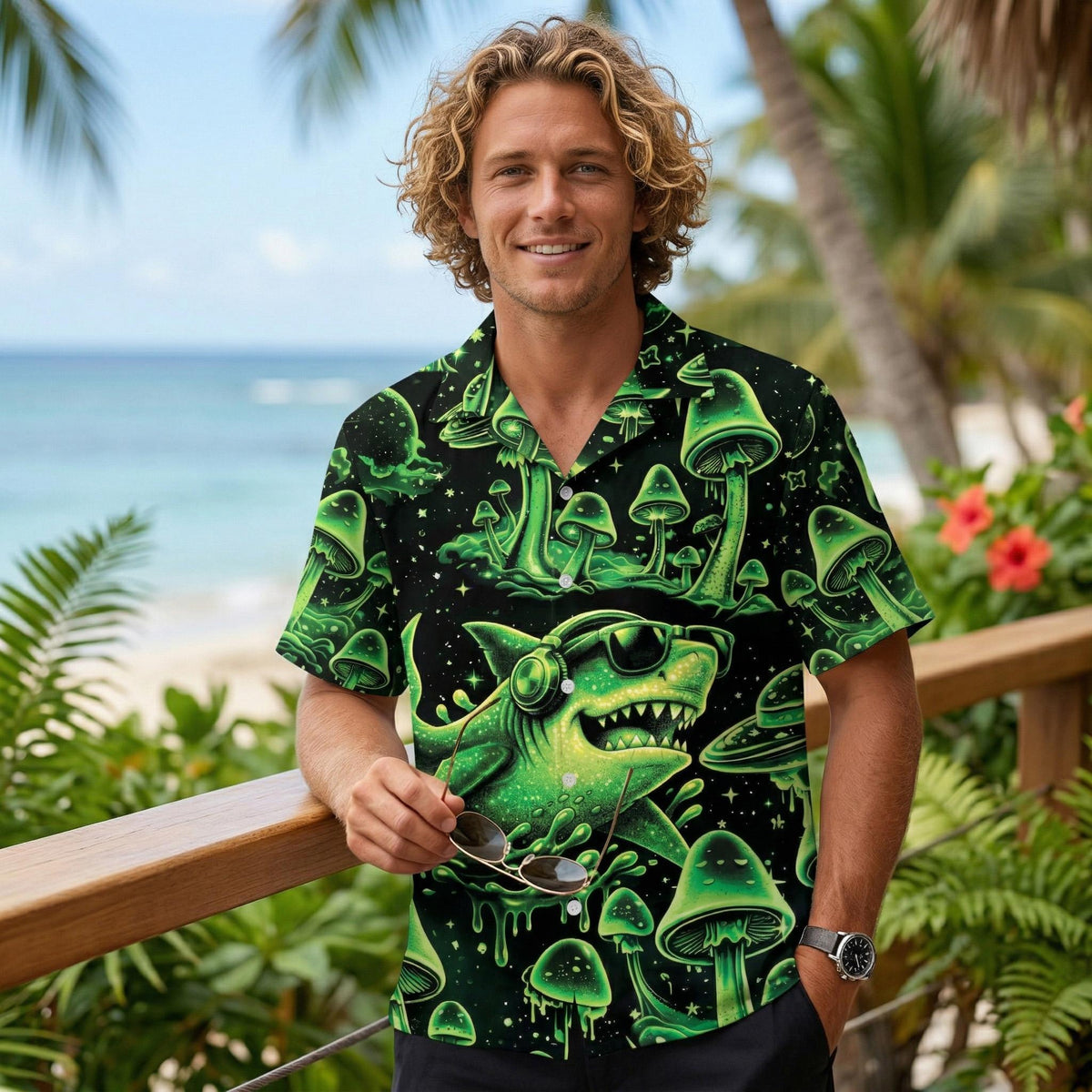 Lifestyle image highlighting the bright neon green mushrooms on the black hawaiian shirt