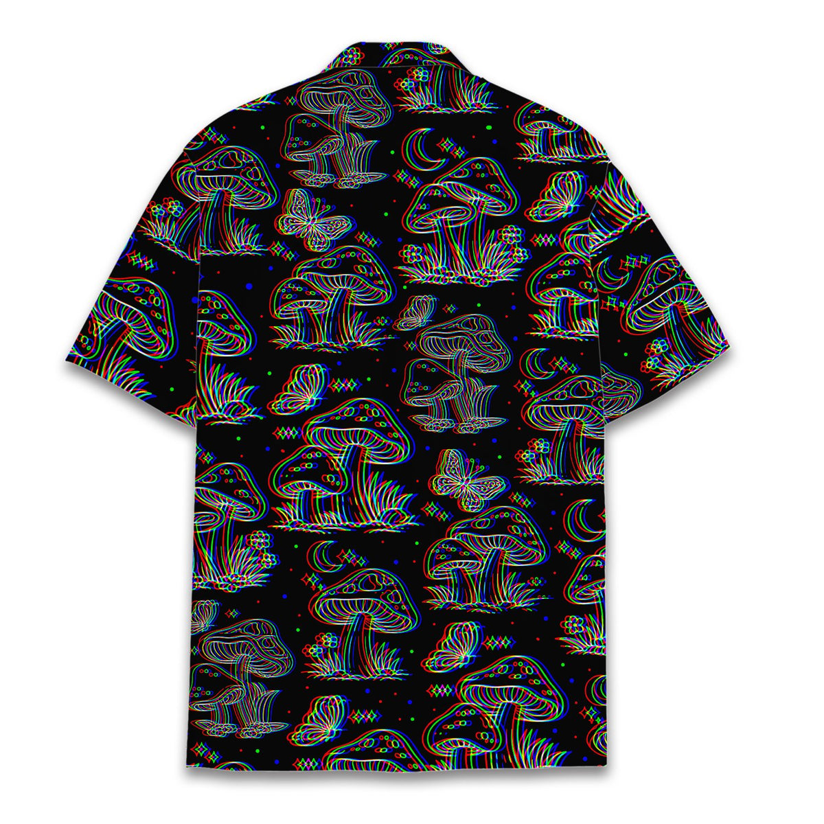 Back view of the trippy mushrooms hawaiian shirt