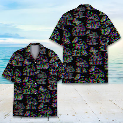 Close up front view of the matching family hawaiian shirts featuring red and blue 3D style outlines