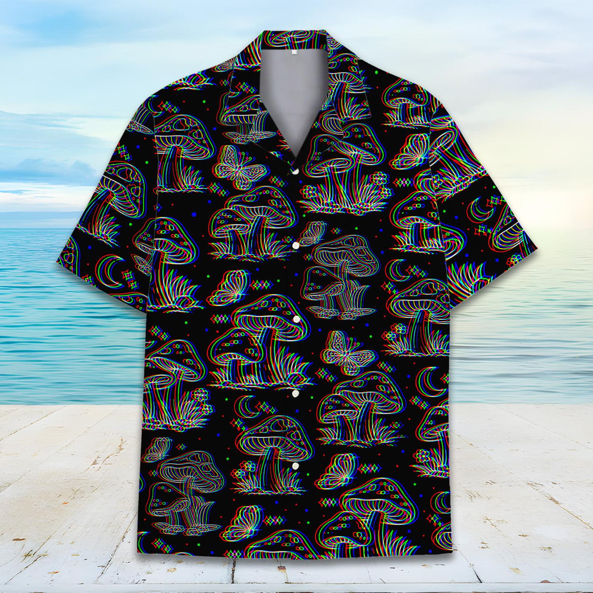 Detailed front view of the trippy mushroom print on a short sleeve shirt