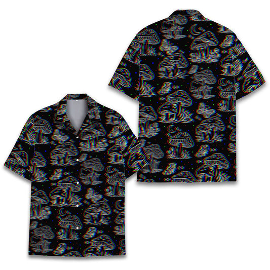 Main view of the trippy mushrooms hawaiian shirt with glitch effect on black background