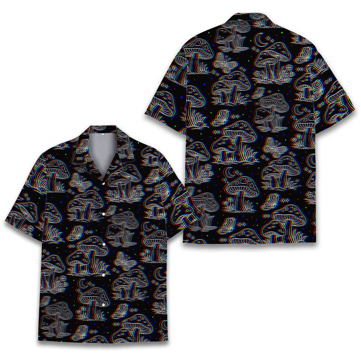Front view of the black trippy hawaiian shirt with butterfly and moon pattern