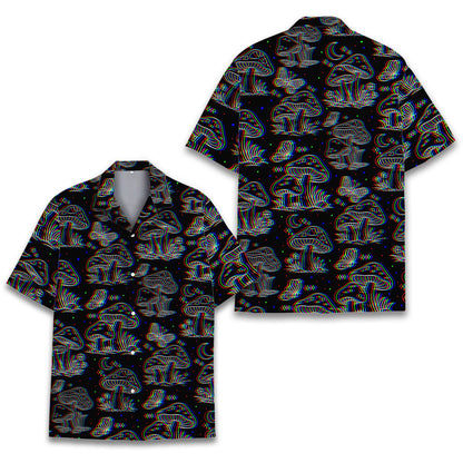 Front view of the black trippy hawaiian shirt with butterfly and moon pattern