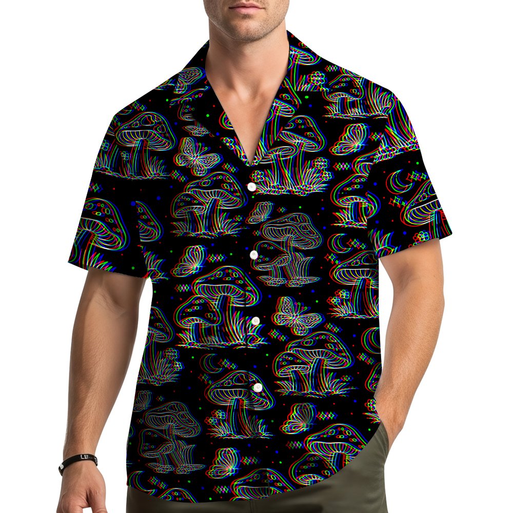 Lifestyle view of people wearing matching family hawaiian shirts with trippy mushrooms design