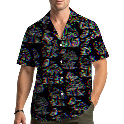 Lifestyle view of people wearing matching family hawaiian shirts with trippy mushrooms design
