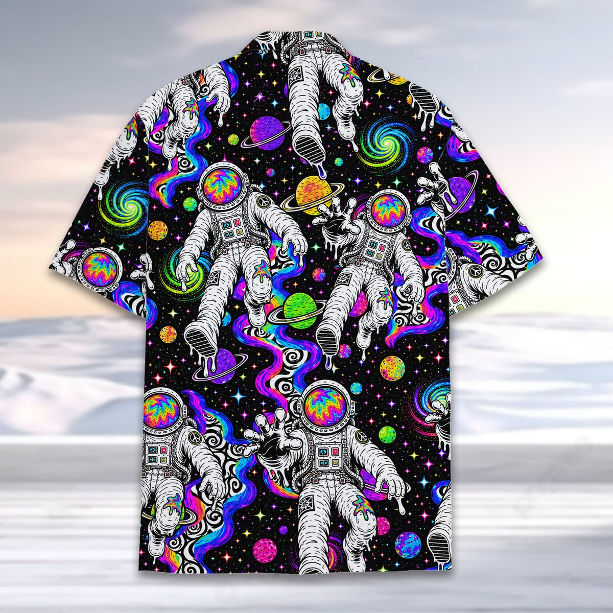 Trippy space astronaut hawaiian shirt back detail