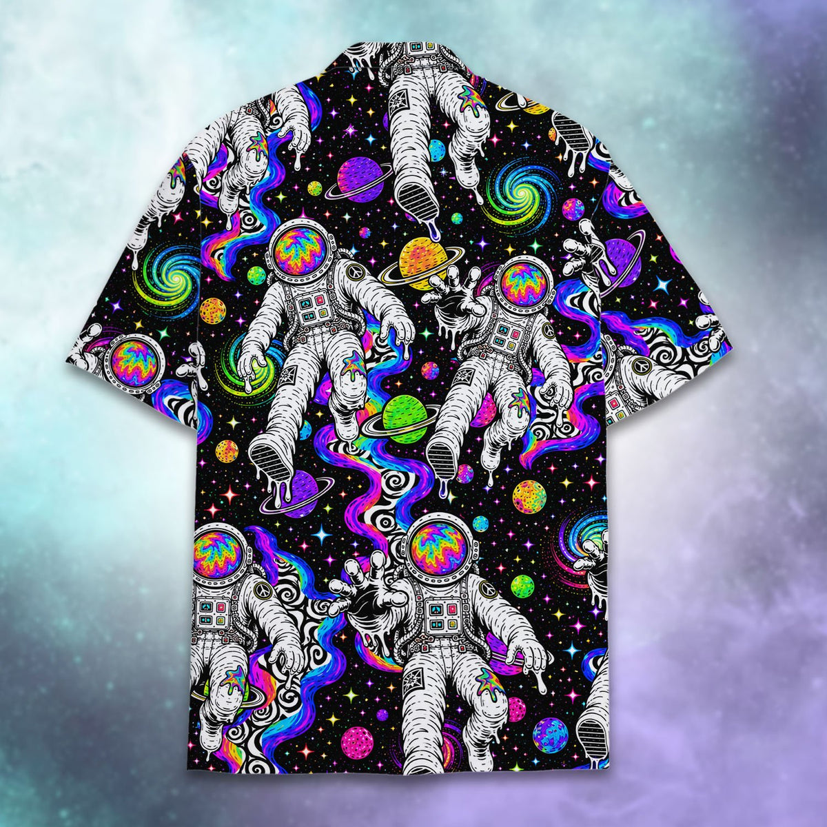 Trippy space astronaut hawaiian shirt back view