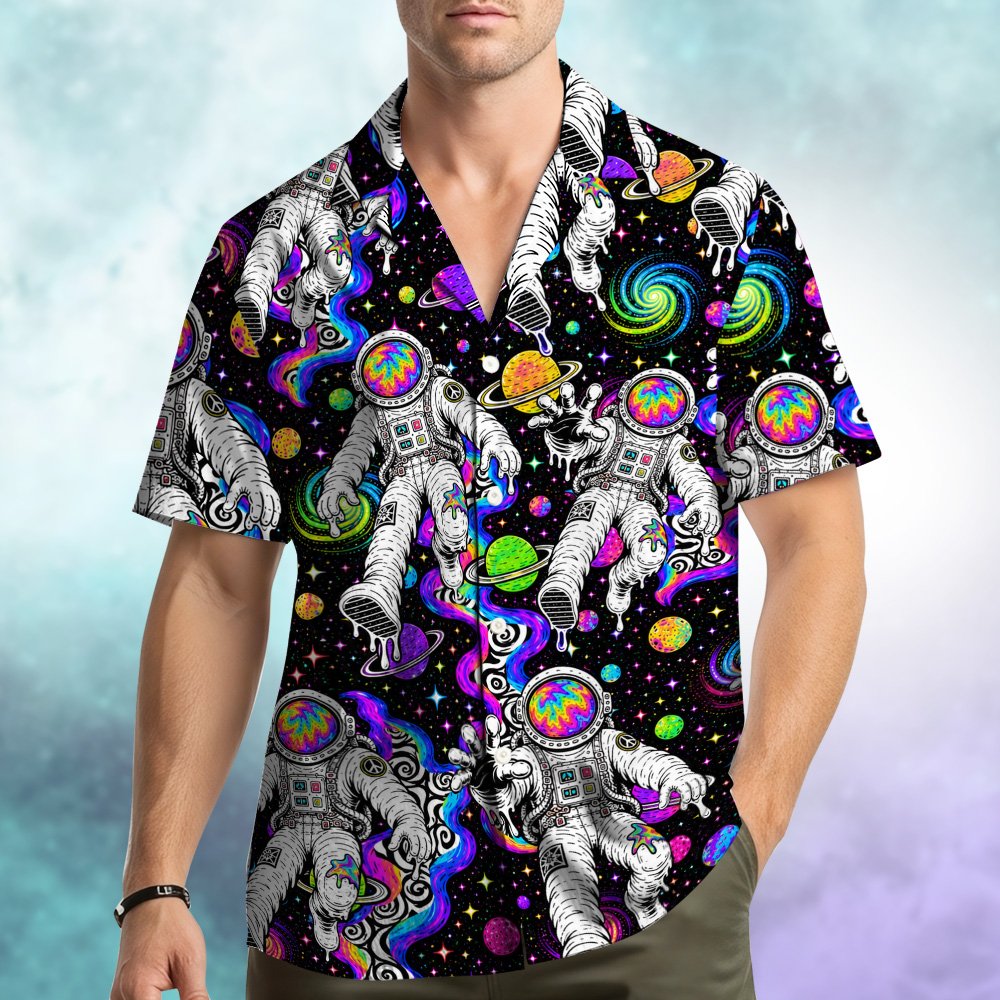 Matching family hawaiian shirts trippy space astronaut front detail