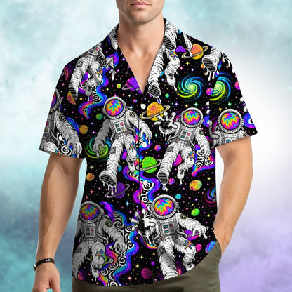 Matching family hawaiian shirts trippy space astronaut front detail