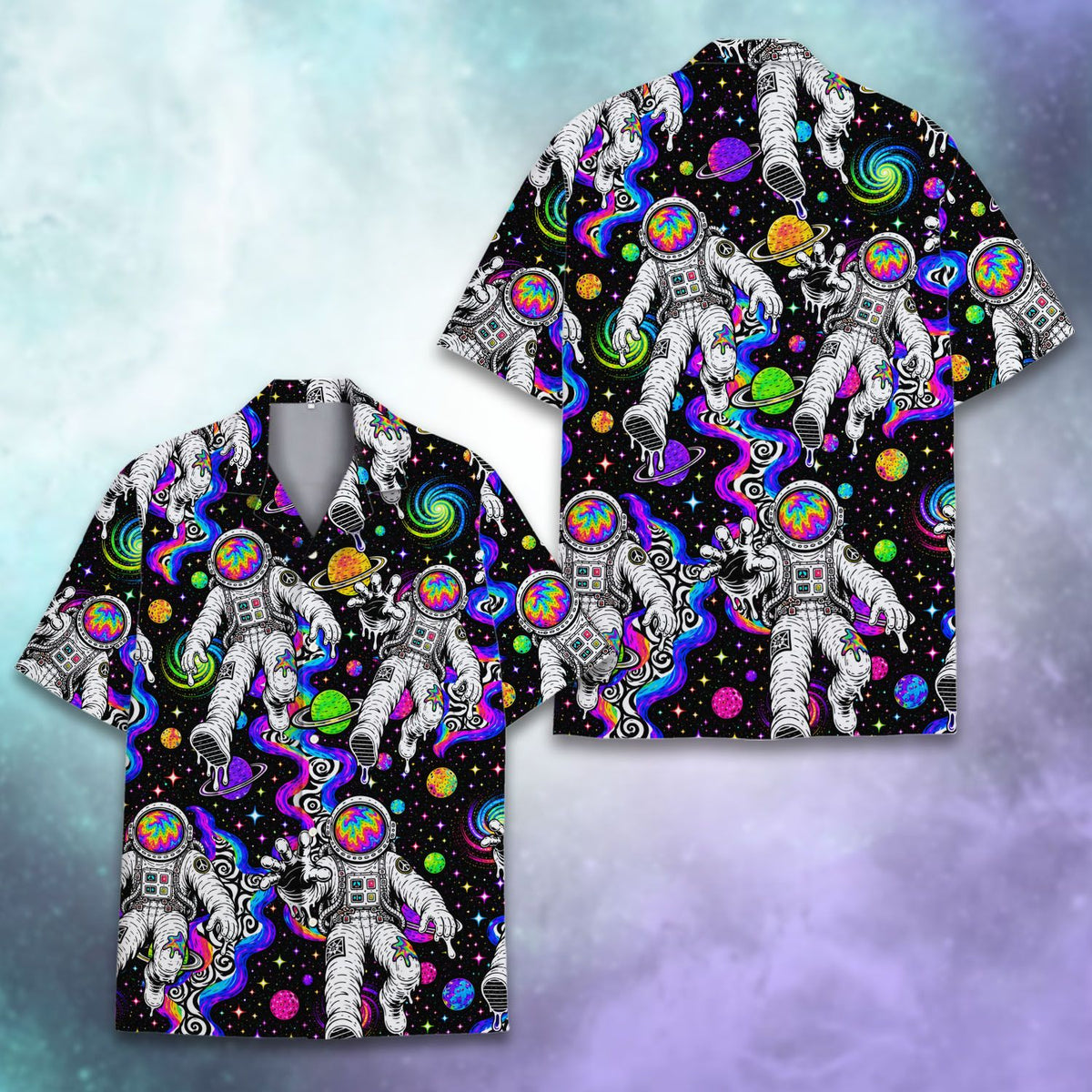 Black neon galaxy hawaiian shirt front view