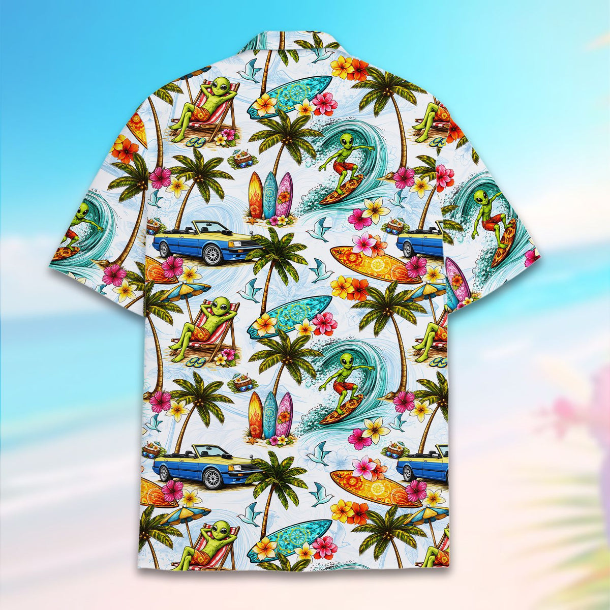 Tropical alien hawaiian shirt with surfing print, alternate back view