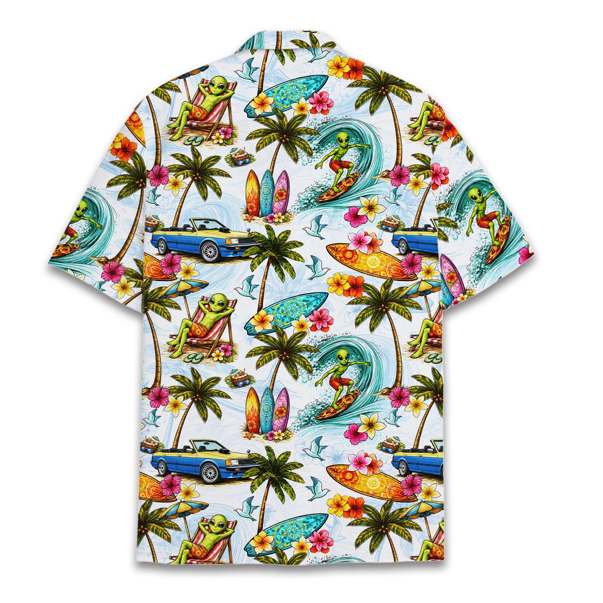 Tropical alien hawaiian shirt with surfing print, back view