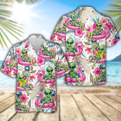 Front view of the matching family hawaiian shirt with a fun tropical alien pattern.