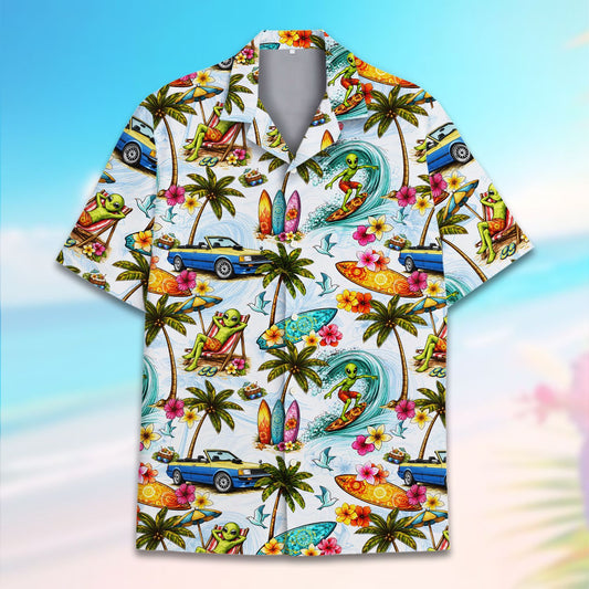 Tropical alien hawaiian shirt with surfing print, main view