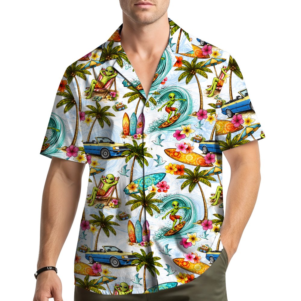 Lifestyle view of a person wearing the tropical alien hawaiian shirt