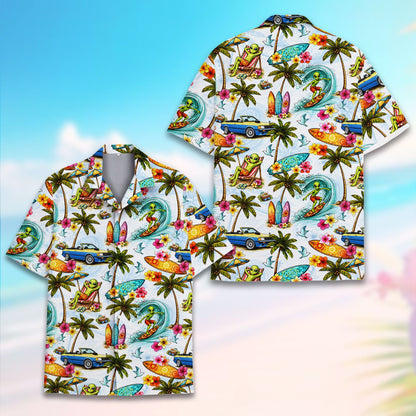 Additional detail view of the tropical alien hawaiian shirt fabric