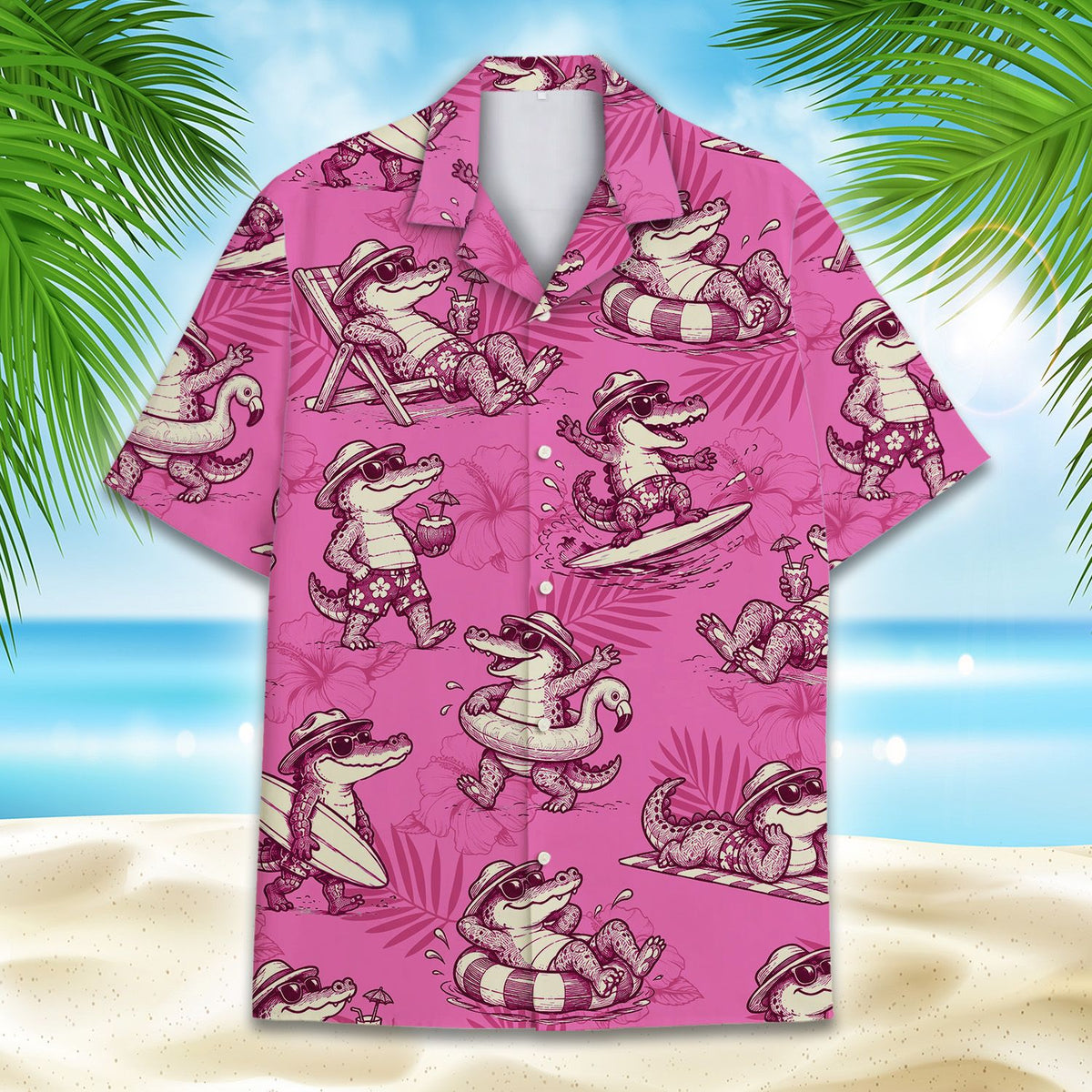 Another front view of the blue tropical alligator hawaiian shirt