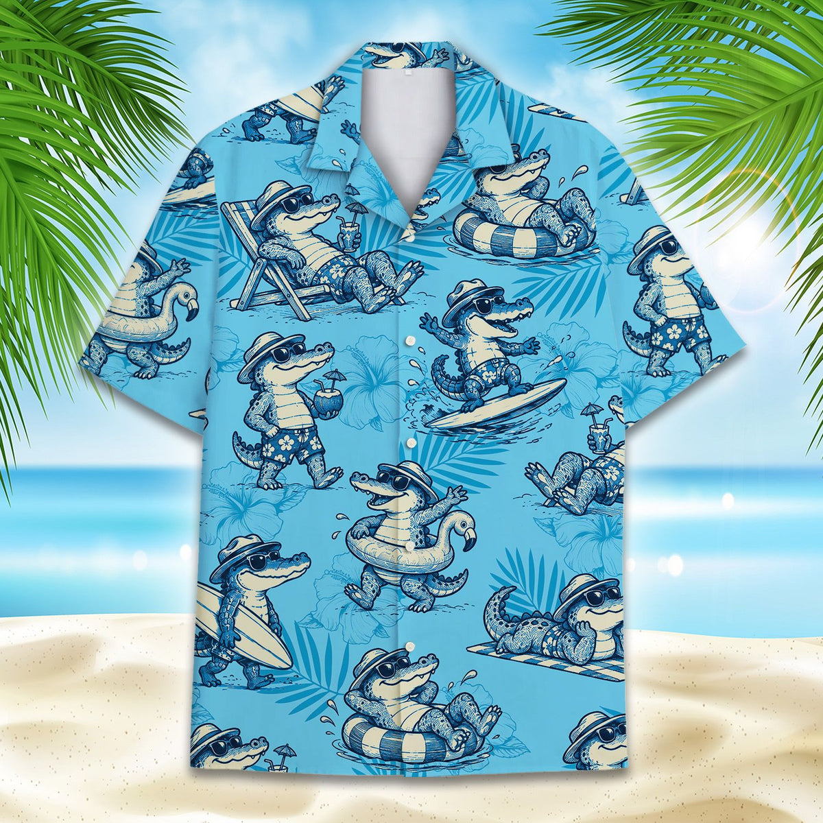 Tropical alligator hawaiian shirt in blue, front view on family