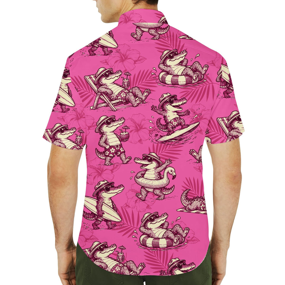 Back view of the tropical alligator hawaiian shirt in pink