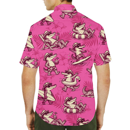 Back view of the tropical alligator hawaiian shirt in pink